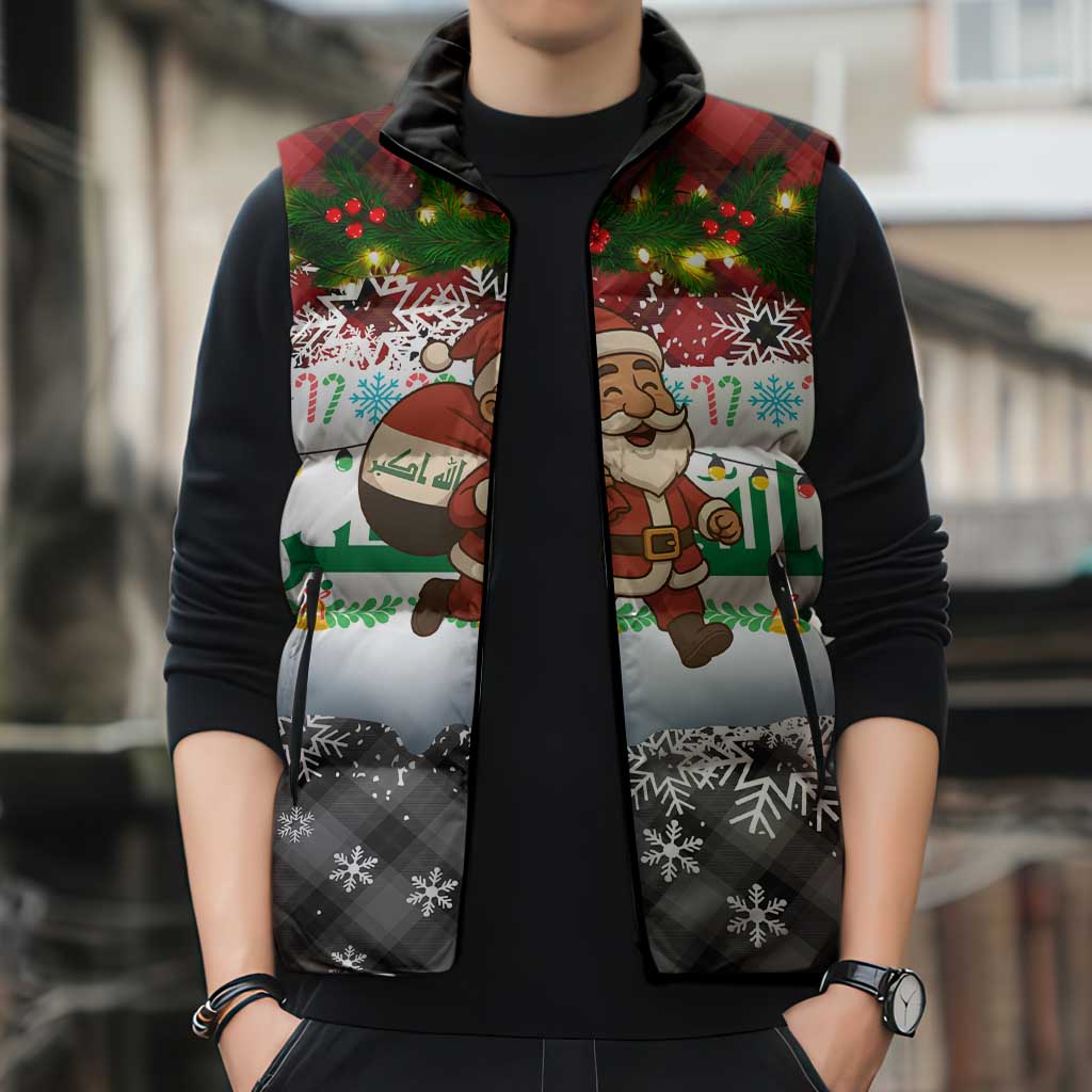 Iraq Christmas Sleeveless Puffer Jacket with Santa Carrying Gift Bag Flag Garland and Snowflake Plaid Pattern - Wonder Print Shop
