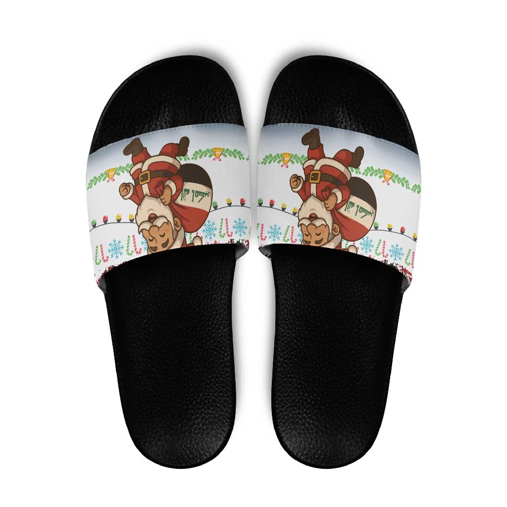 Iraq Christmas Slide Sandals with Santa Carrying Gift Bag Flag Garland and Snowflake Plaid Pattern - Wonder Print Shop