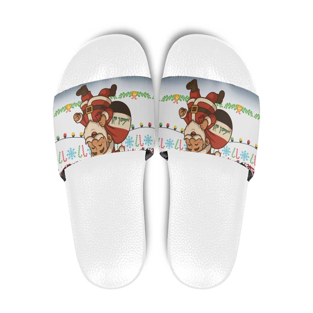 Iraq Christmas Slide Sandals with Santa Carrying Gift Bag Flag Garland and Snowflake Plaid Pattern - Wonder Print Shop