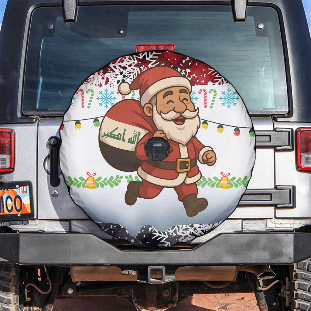 Iraq Christmas Spare Tire Cover with Santa Carrying Gift Bag Flag Garland and Snowflake Plaid Pattern - Wonder Print Shop