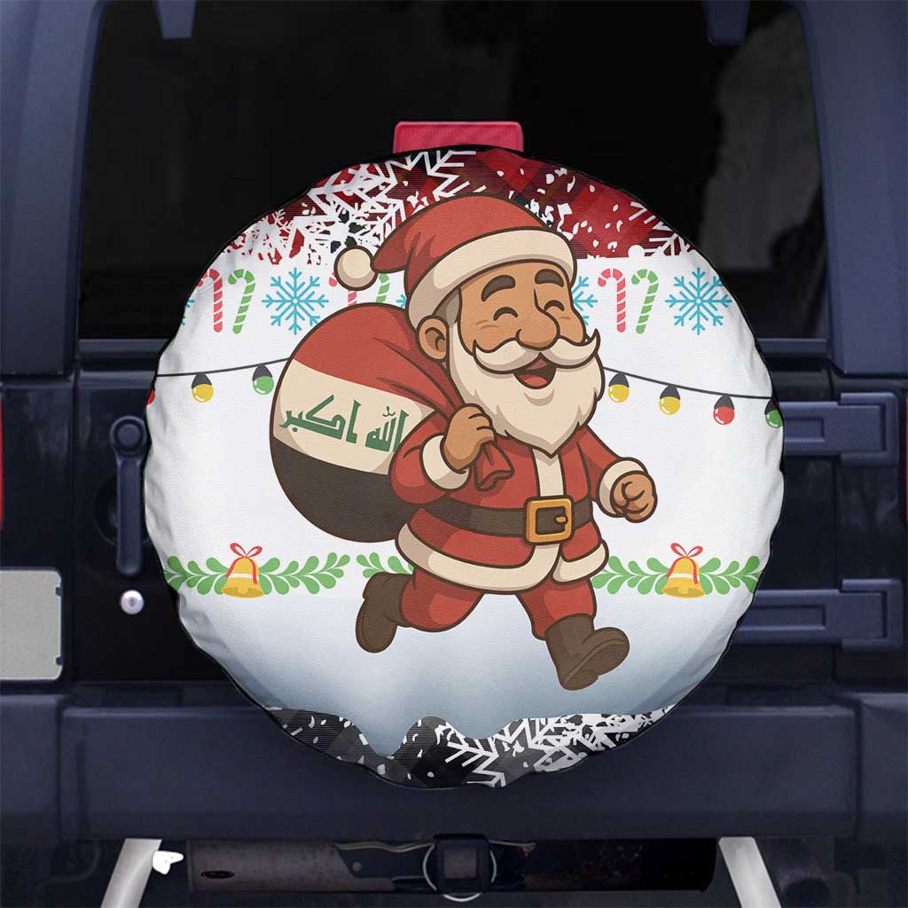 Iraq Christmas Spare Tire Cover with Santa Carrying Gift Bag Flag Garland and Snowflake Plaid Pattern - Wonder Print Shop