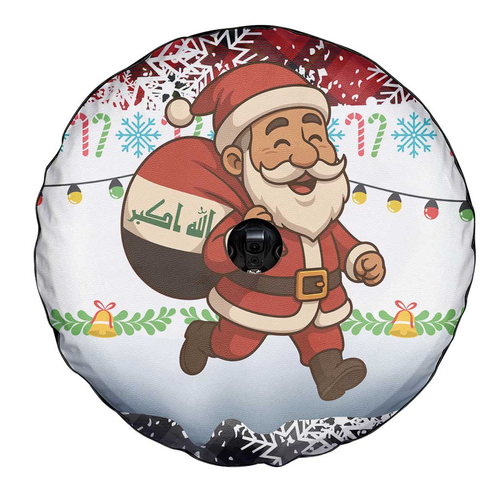 Iraq Christmas Spare Tire Cover with Santa Carrying Gift Bag Flag Garland and Snowflake Plaid Pattern - Wonder Print Shop
