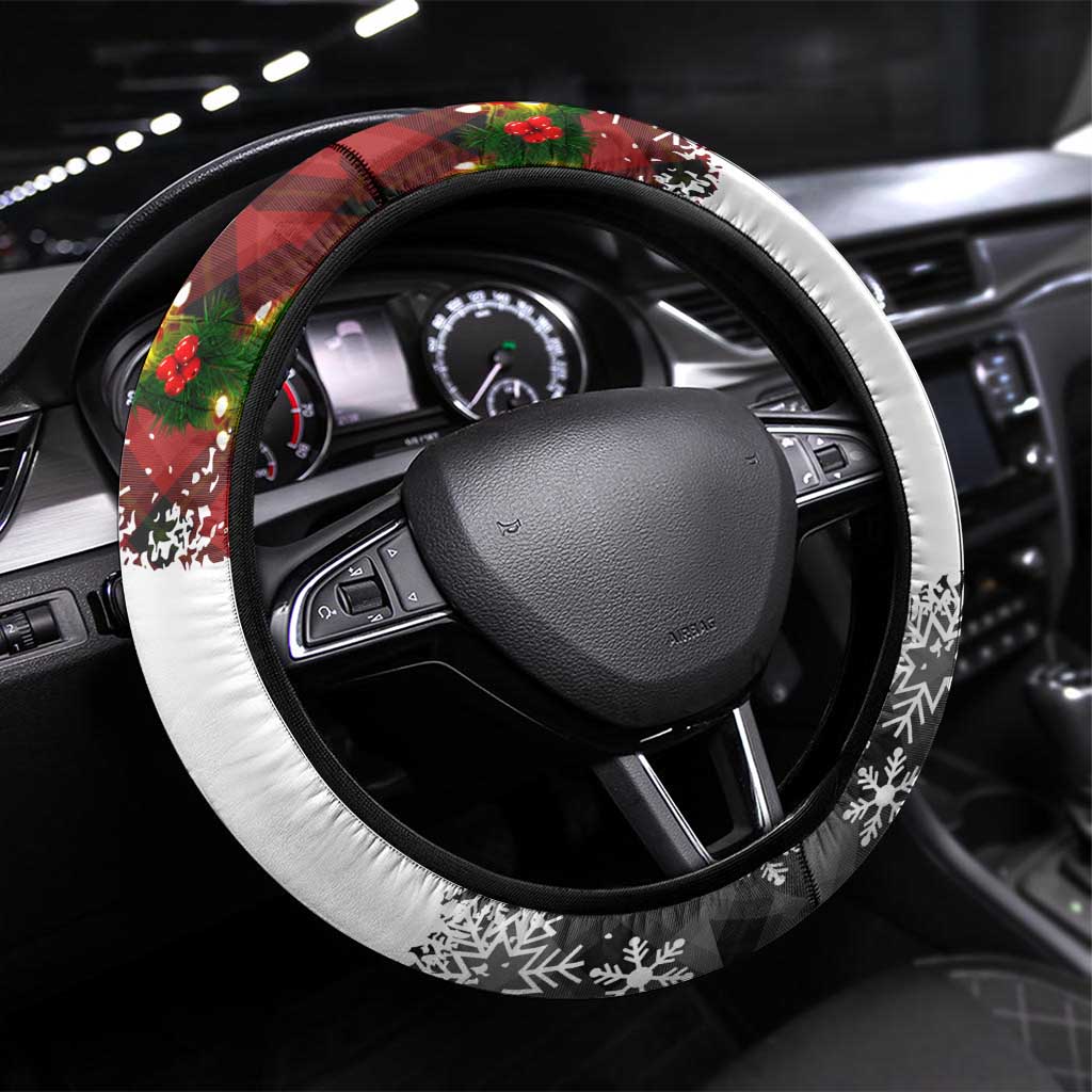 Iraq Christmas Steering Wheel Cover with Santa Carrying Gift Bag Flag Garland and Snowflake Plaid Pattern - Wonder Print Shop