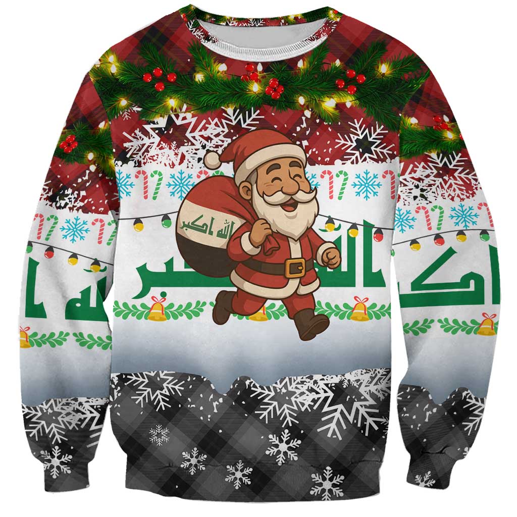 Iraq Christmas Sweatshirt with Santa Carrying Gift Bag Flag Garland and Snowflake Plaid Pattern - Wonder Print Shop