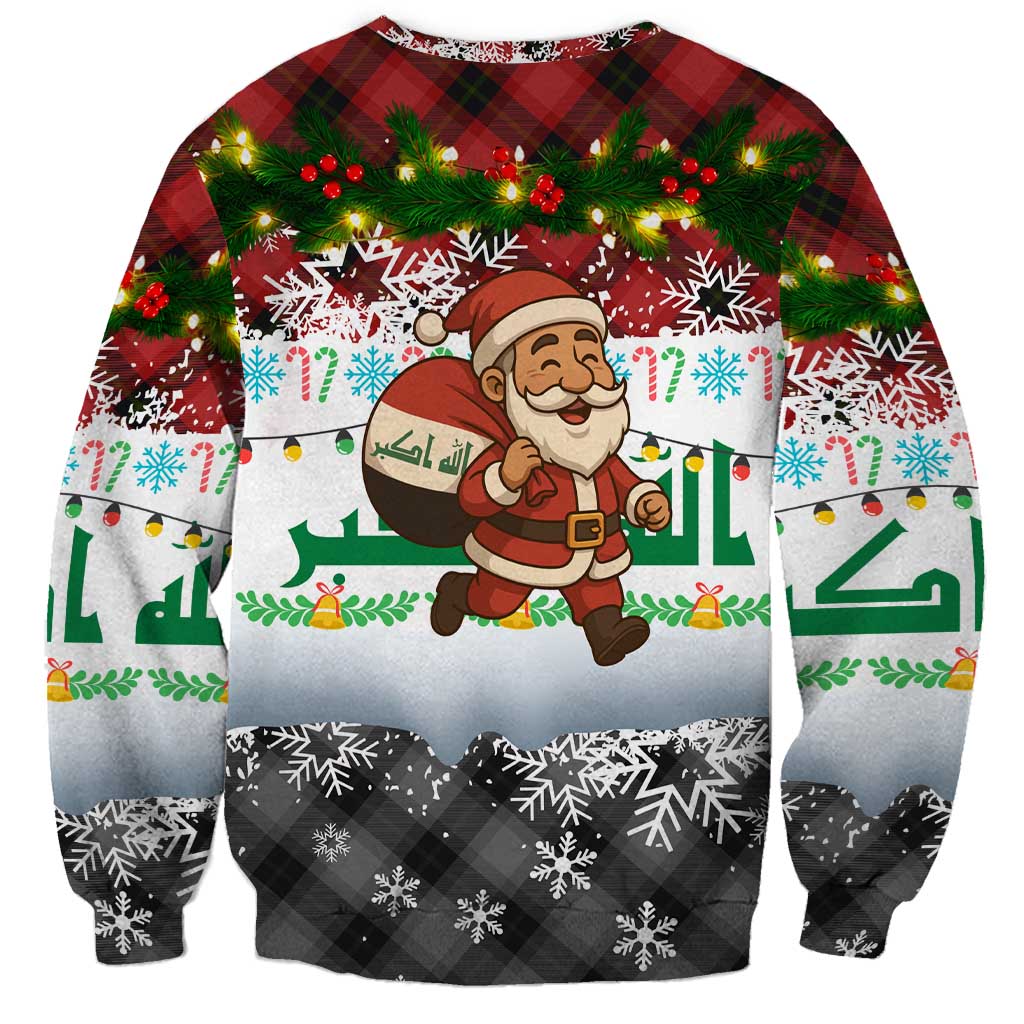 Iraq Christmas Sweatshirt with Santa Carrying Gift Bag Flag Garland and Snowflake Plaid Pattern - Wonder Print Shop