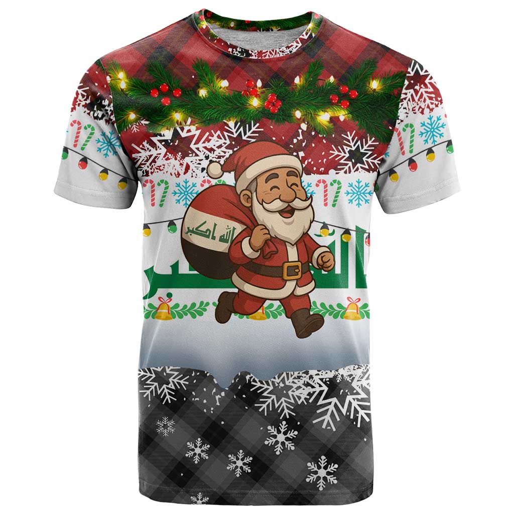 Iraq Christmas T Shirt with Santa Carrying Gift Bag Flag Garland and Snowflake Plaid Pattern - Wonder Print Shop