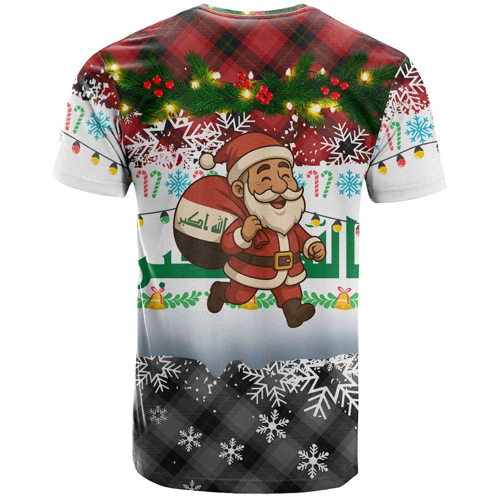 Iraq Christmas T Shirt with Santa Carrying Gift Bag Flag Garland and Snowflake Plaid Pattern - Wonder Print Shop