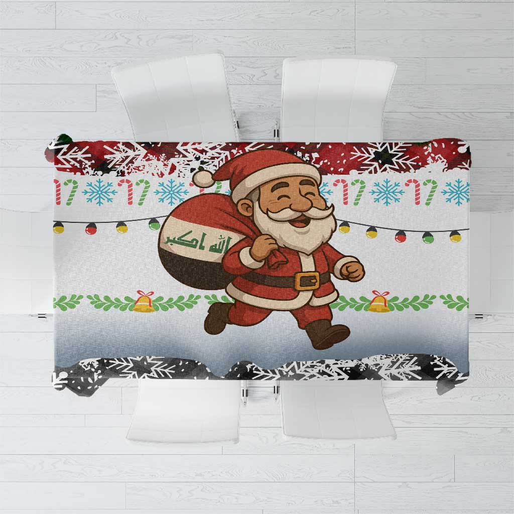 Iraq Christmas Tablecloth with Santa Carrying Gift Bag Flag Garland and Snowflake Plaid Pattern - Wonder Print Shop