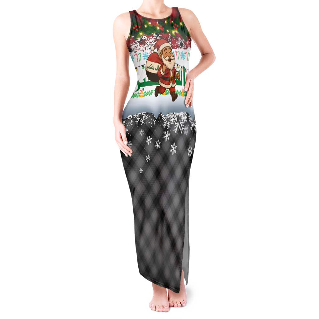 Iraq Christmas Tank Maxi Dress with Santa Carrying Gift Bag Flag Garland and Snowflake Plaid Pattern - Wonder Print Shop