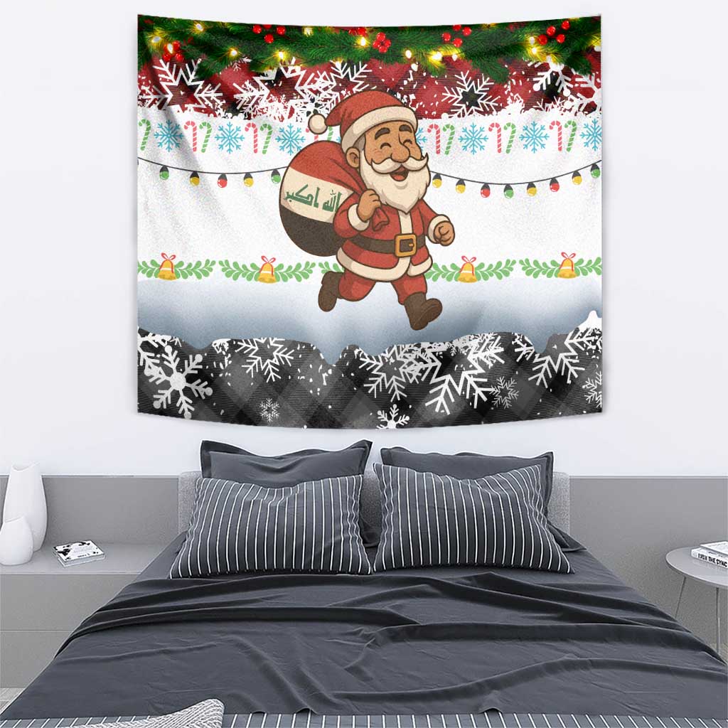 Iraq Christmas Tapestry with Santa Carrying Gift Bag Flag Garland and Snowflake Plaid Pattern - Wonder Print Shop