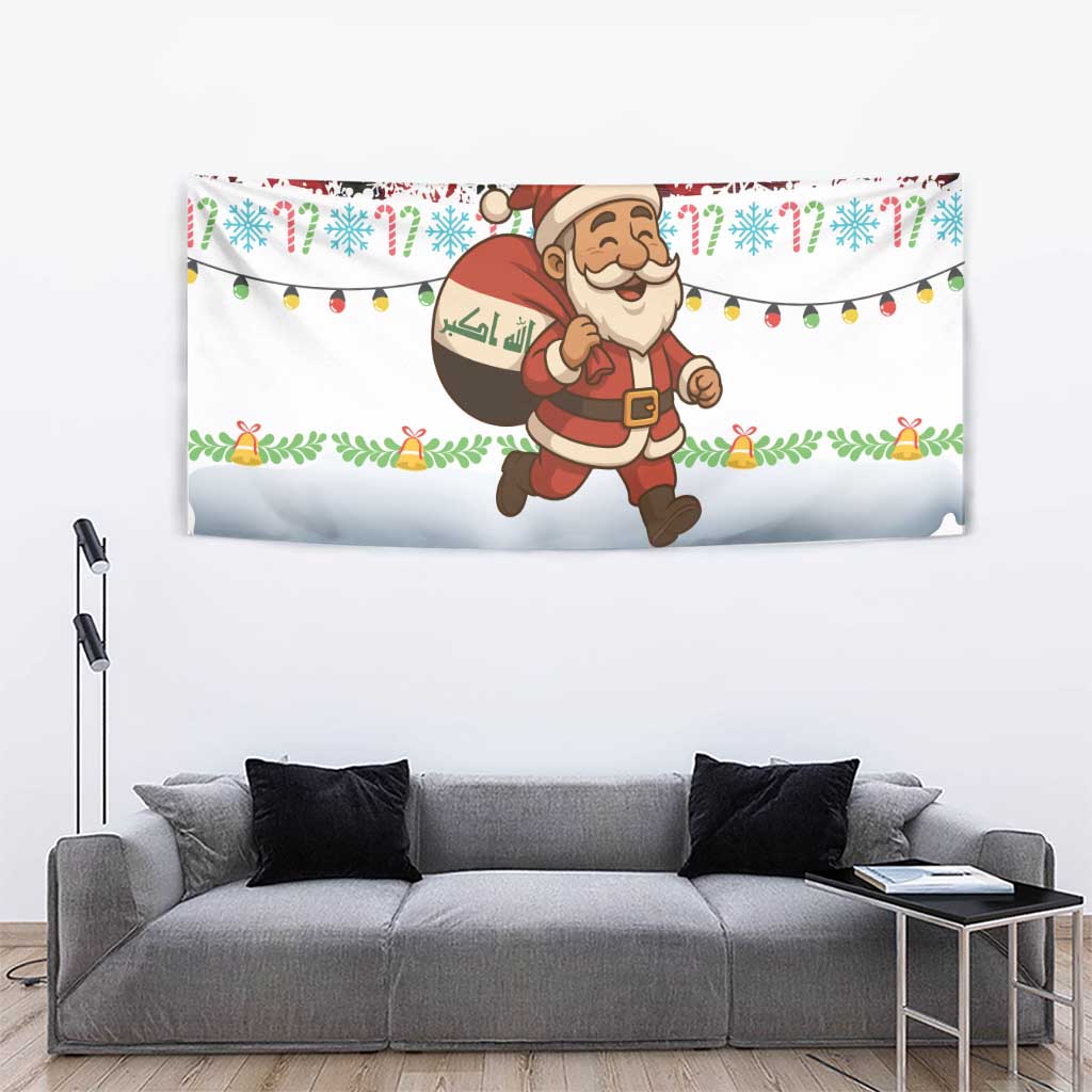 Iraq Christmas Tapestry with Santa Carrying Gift Bag Flag Garland and Snowflake Plaid Pattern - Wonder Print Shop