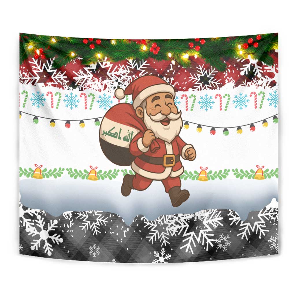 Iraq Christmas Tapestry with Santa Carrying Gift Bag Flag Garland and Snowflake Plaid Pattern - Wonder Print Shop