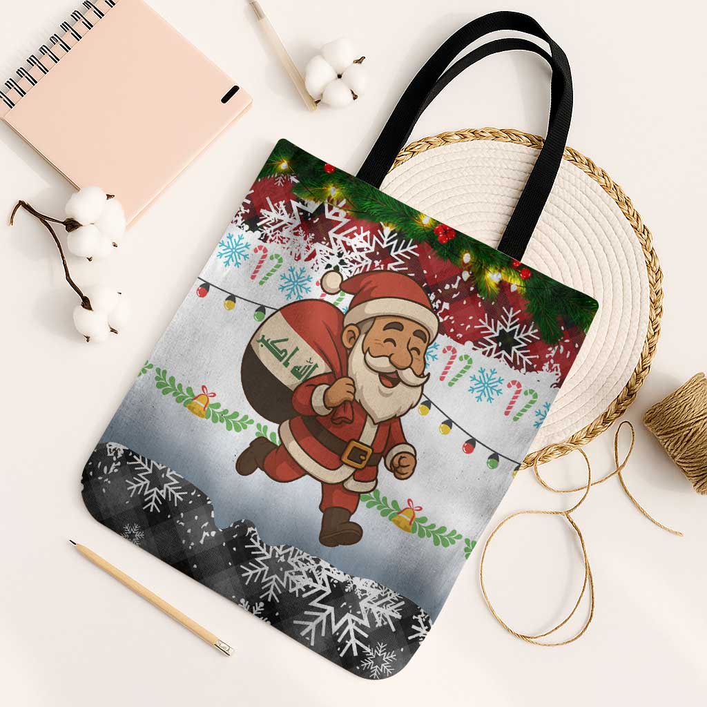 Iraq Christmas Tote Bag with Santa Carrying Gift Bag Flag Garland and Snowflake Plaid Pattern - Wonder Print Shop