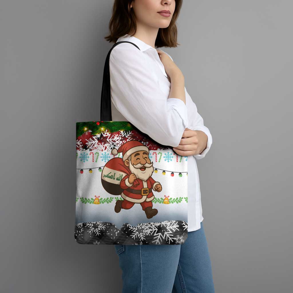 Iraq Christmas Tote Bag with Santa Carrying Gift Bag Flag Garland and Snowflake Plaid Pattern - Wonder Print Shop