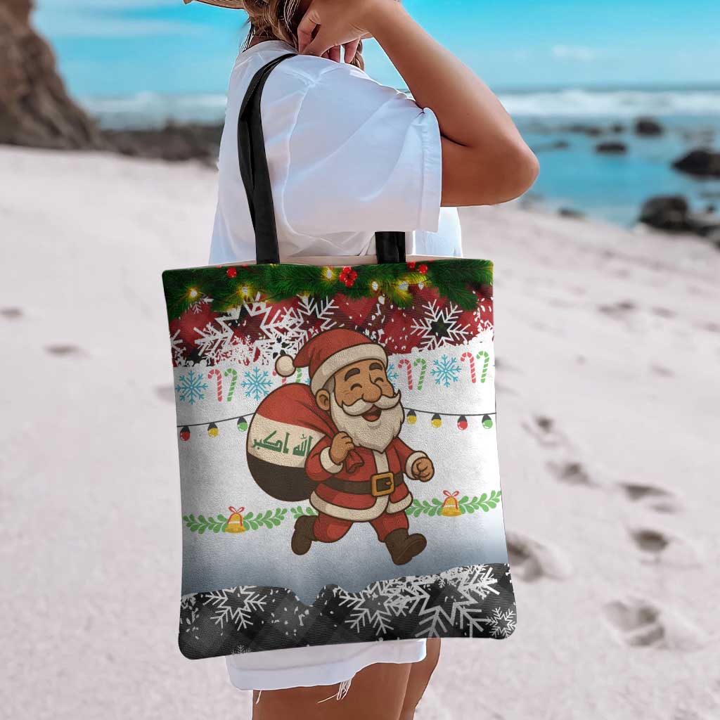 Iraq Christmas Tote Bag with Santa Carrying Gift Bag Flag Garland and Snowflake Plaid Pattern - Wonder Print Shop