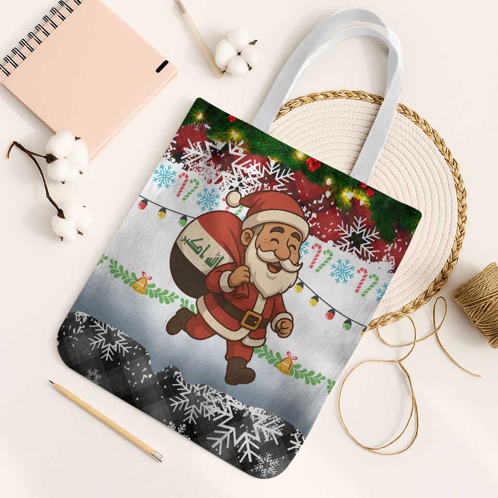 Iraq Christmas Tote Bag with Santa Carrying Gift Bag Flag Garland and Snowflake Plaid Pattern - Wonder Print Shop