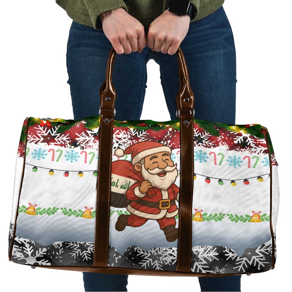Iraq Christmas Travel Bag with Santa Carrying Gift Bag Flag Garland and Snowflake Plaid Pattern - Wonder Print Shop