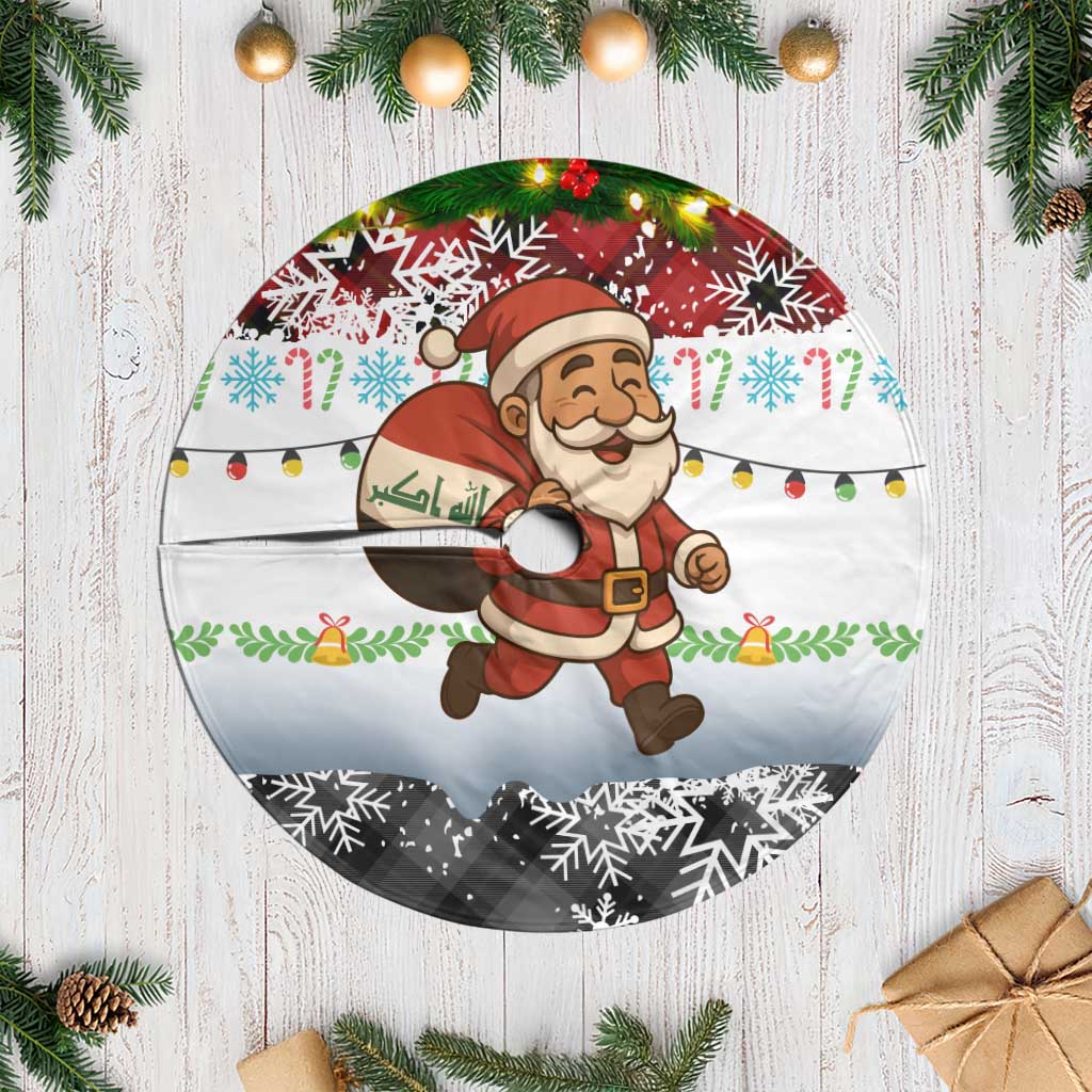 Iraq Christmas Tree Skirt with Santa Carrying Gift Bag Flag Garland and Snowflake Plaid Pattern - Wonder Print Shop