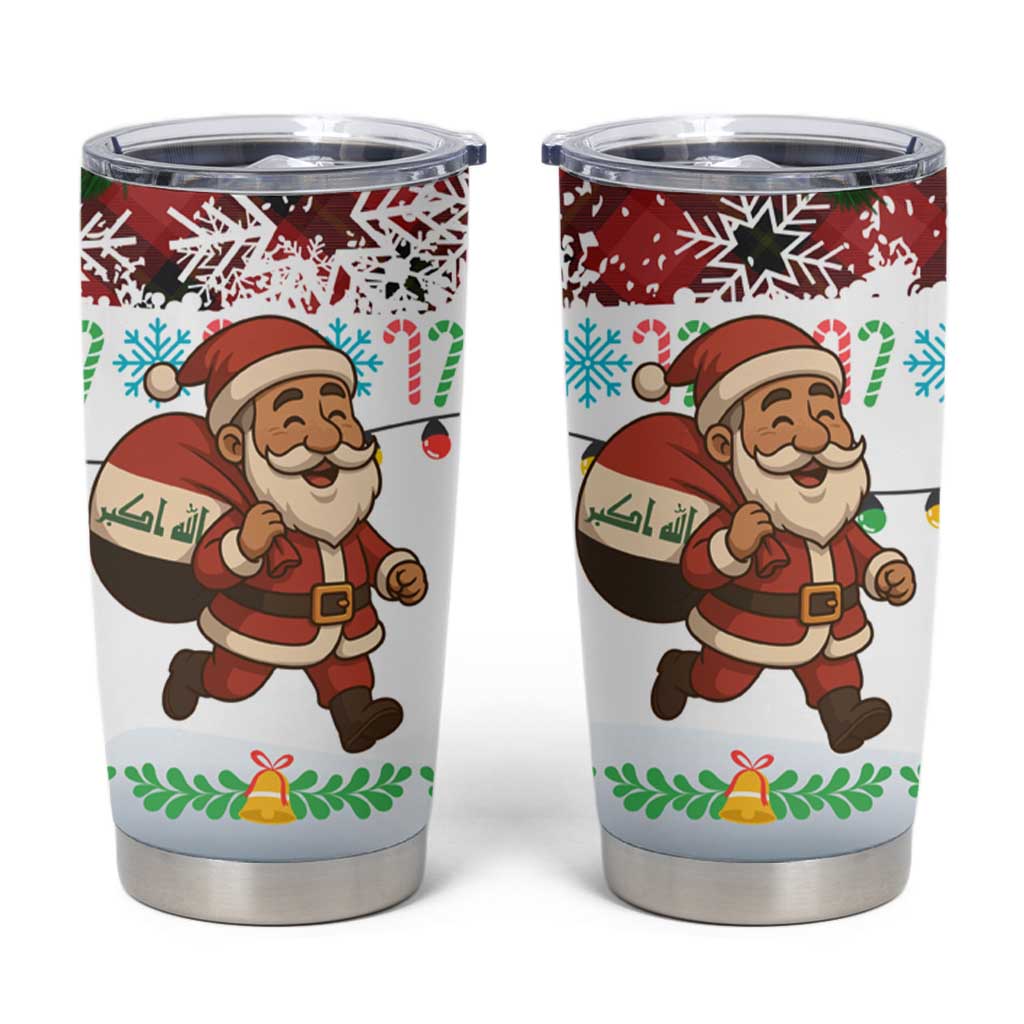 Iraq Christmas Tumbler Cup with Santa Carrying Gift Bag Flag Garland and Snowflake Plaid Pattern - Wonder Print Shop