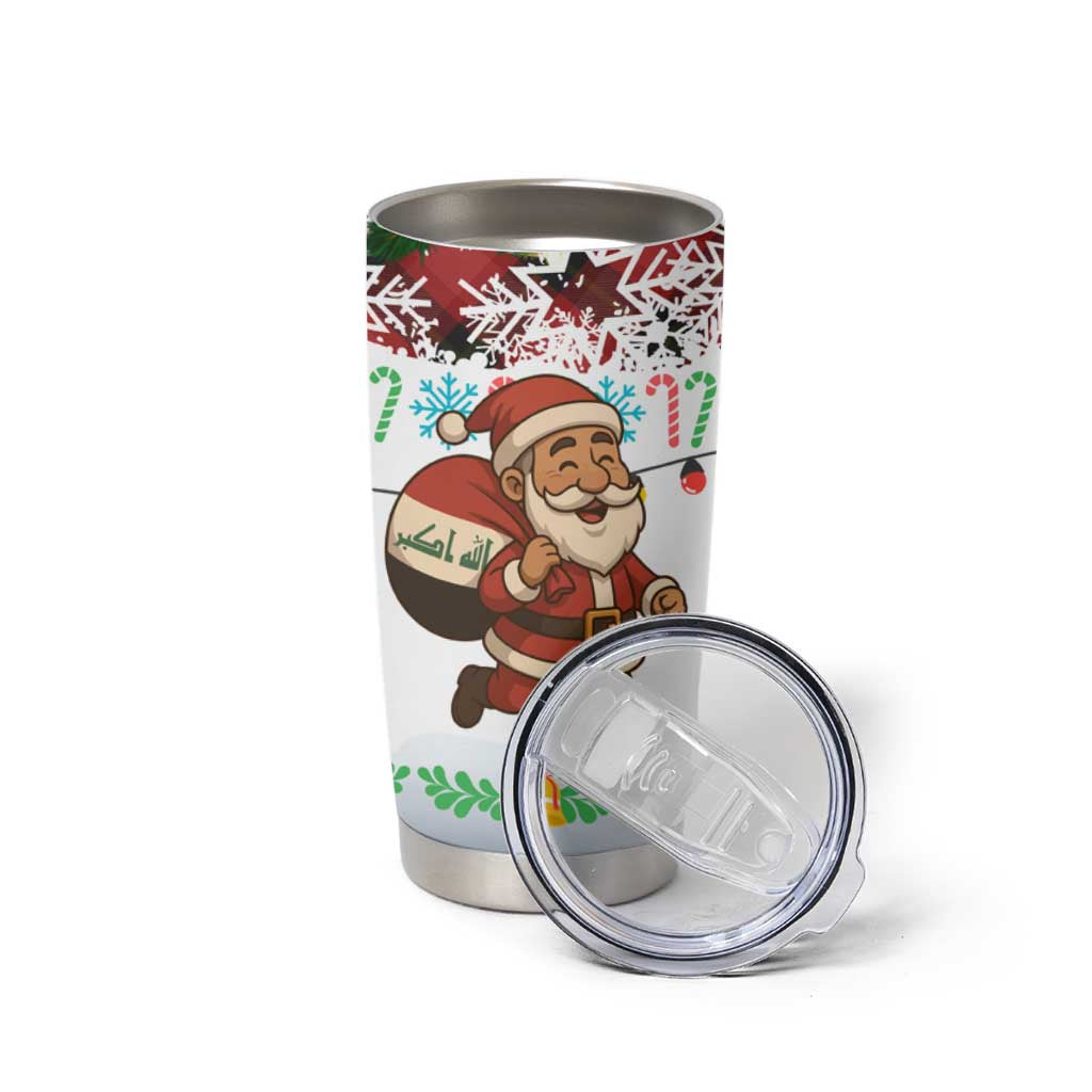 Iraq Christmas Tumbler Cup with Santa Carrying Gift Bag Flag Garland and Snowflake Plaid Pattern - Wonder Print Shop