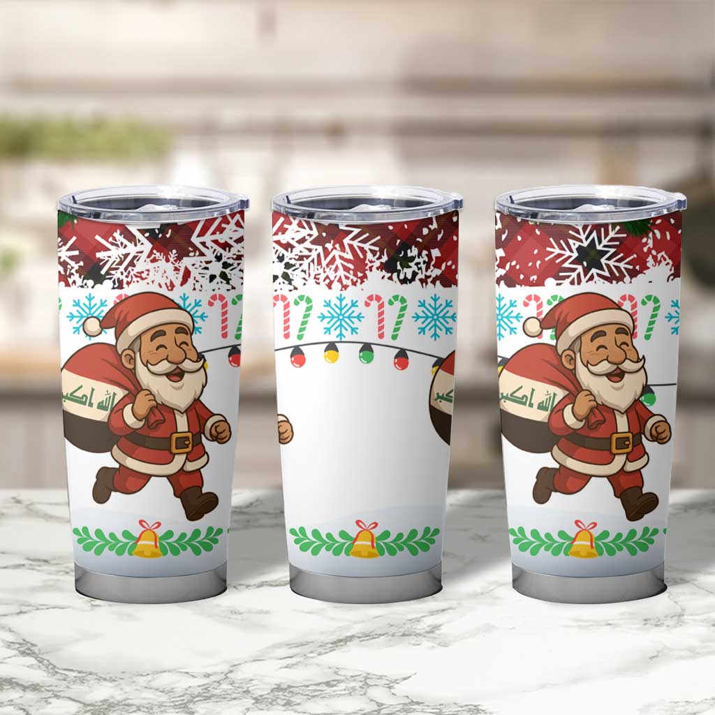 Iraq Christmas Tumbler Cup with Santa Carrying Gift Bag Flag Garland and Snowflake Plaid Pattern - Wonder Print Shop