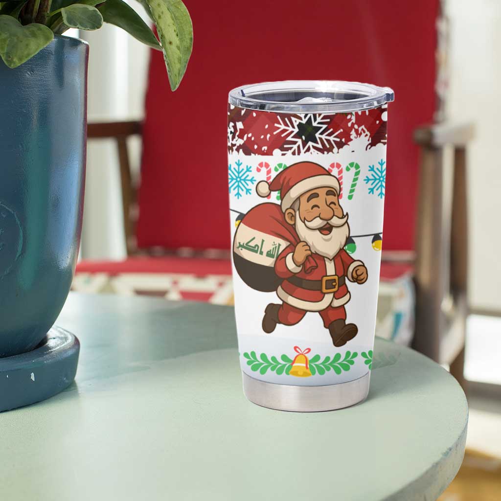 Iraq Christmas Tumbler Cup with Santa Carrying Gift Bag Flag Garland and Snowflake Plaid Pattern - Wonder Print Shop
