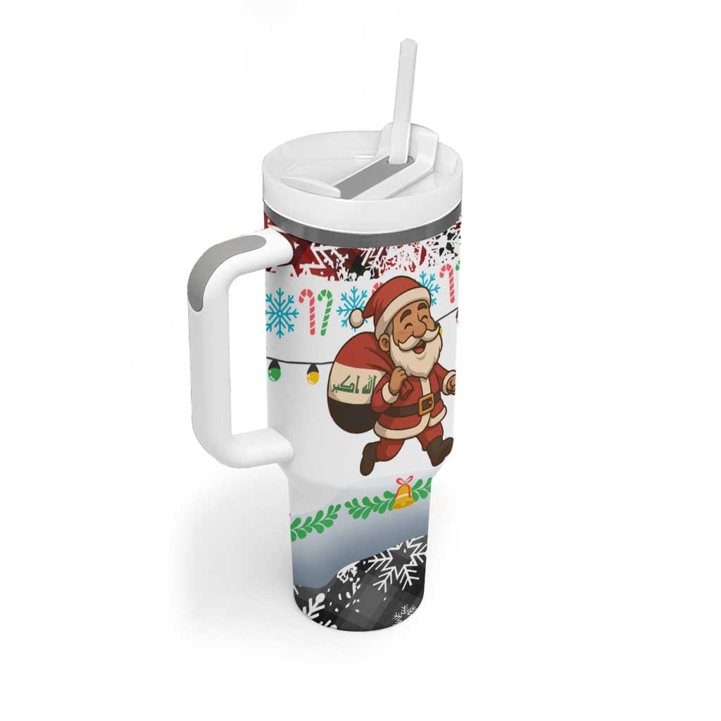 Iraq Christmas Tumbler With Handle with Santa Carrying Gift Bag Flag Garland and Snowflake Plaid Pattern - Wonder Print Shop