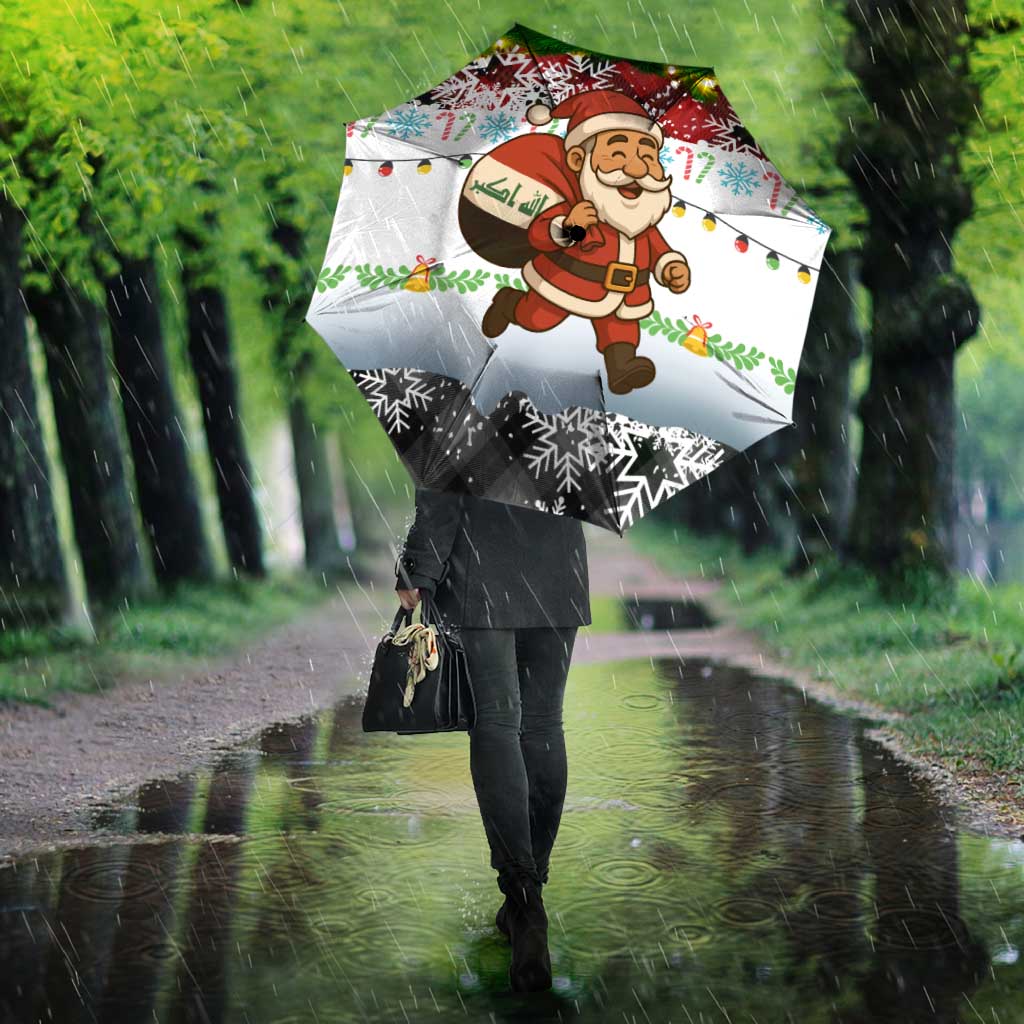 Iraq Christmas Umbrella with Santa Carrying Gift Bag Flag Garland and Snowflake Plaid Pattern - Wonder Print Shop