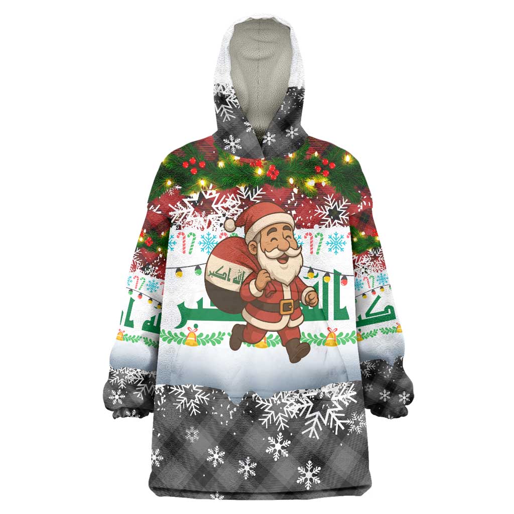 Iraq Christmas Wearable Blanket Hoodie with Santa Carrying Gift Bag Flag Garland and Snowflake Plaid Pattern - Wonder Print Shop