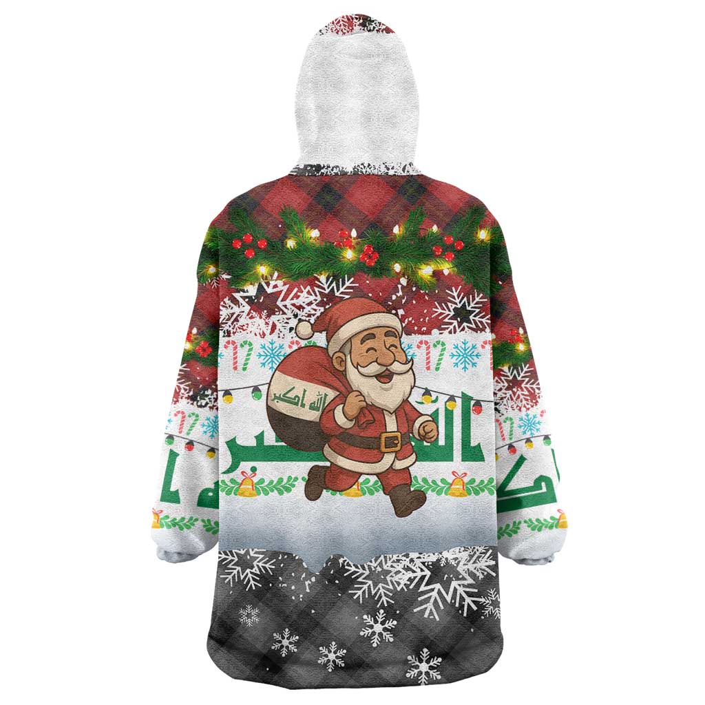 Iraq Christmas Wearable Blanket Hoodie with Santa Carrying Gift Bag Flag Garland and Snowflake Plaid Pattern - Wonder Print Shop