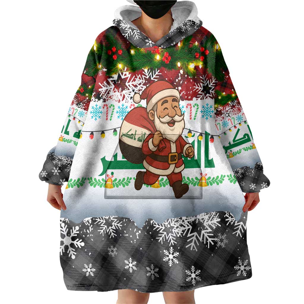 Iraq Christmas Wearable Blanket Hoodie with Santa Carrying Gift Bag Flag Garland and Snowflake Plaid Pattern - Wonder Print Shop