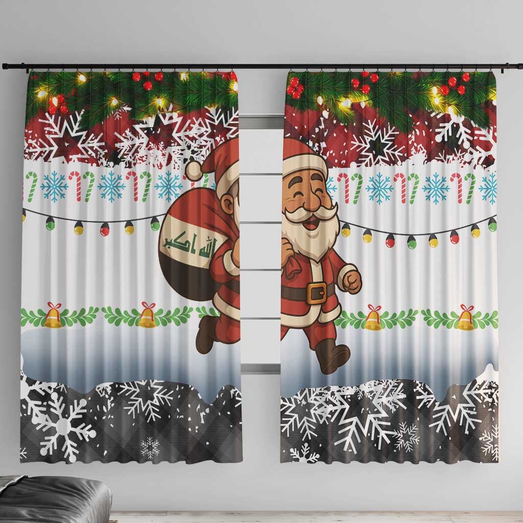 Iraq Christmas Window Curtain with Santa Carrying Gift Bag Flag Garland and Snowflake Plaid Pattern - Wonder Print Shop
