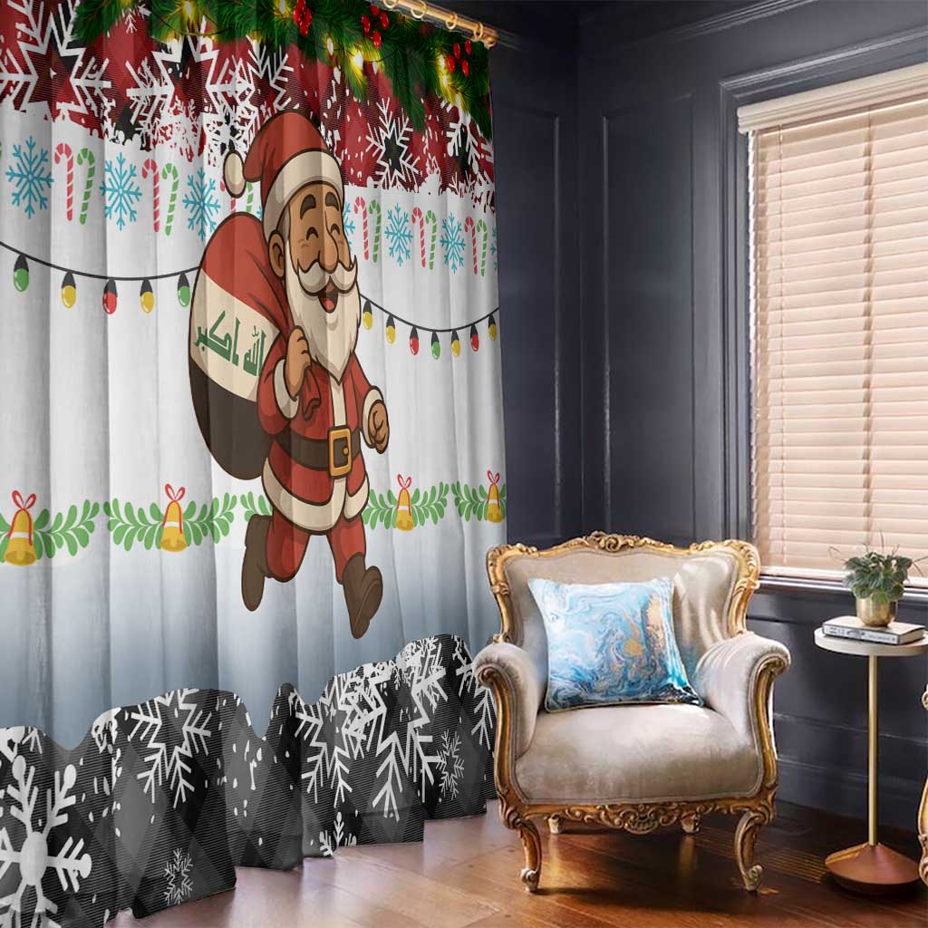 Iraq Christmas Window Curtain with Santa Carrying Gift Bag Flag Garland and Snowflake Plaid Pattern - Wonder Print Shop