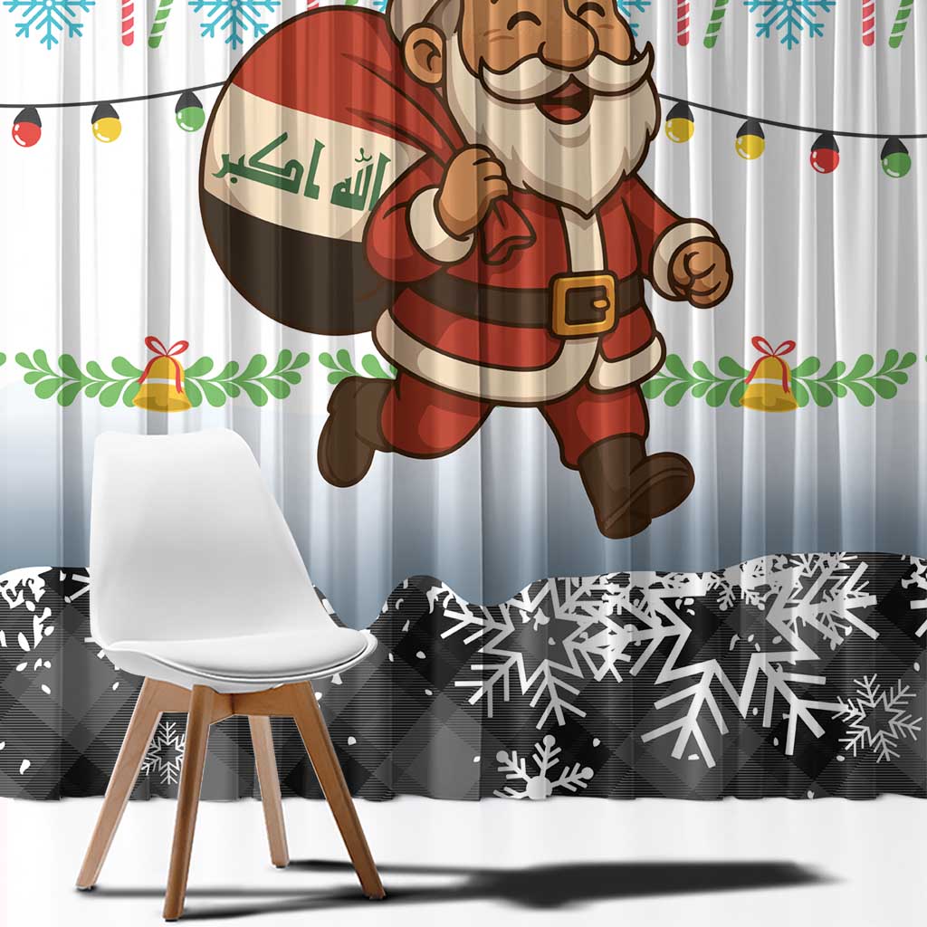 Iraq Christmas Window Curtain with Santa Carrying Gift Bag Flag Garland and Snowflake Plaid Pattern - Wonder Print Shop