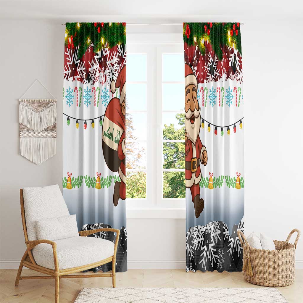 Iraq Christmas Window Curtain with Santa Carrying Gift Bag Flag Garland and Snowflake Plaid Pattern - Wonder Print Shop