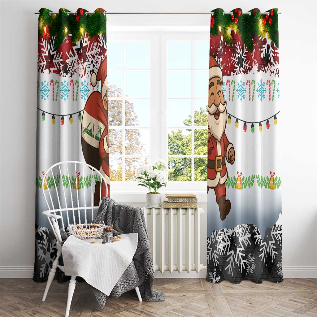 Iraq Christmas Window Curtain with Santa Carrying Gift Bag Flag Garland and Snowflake Plaid Pattern - Wonder Print Shop