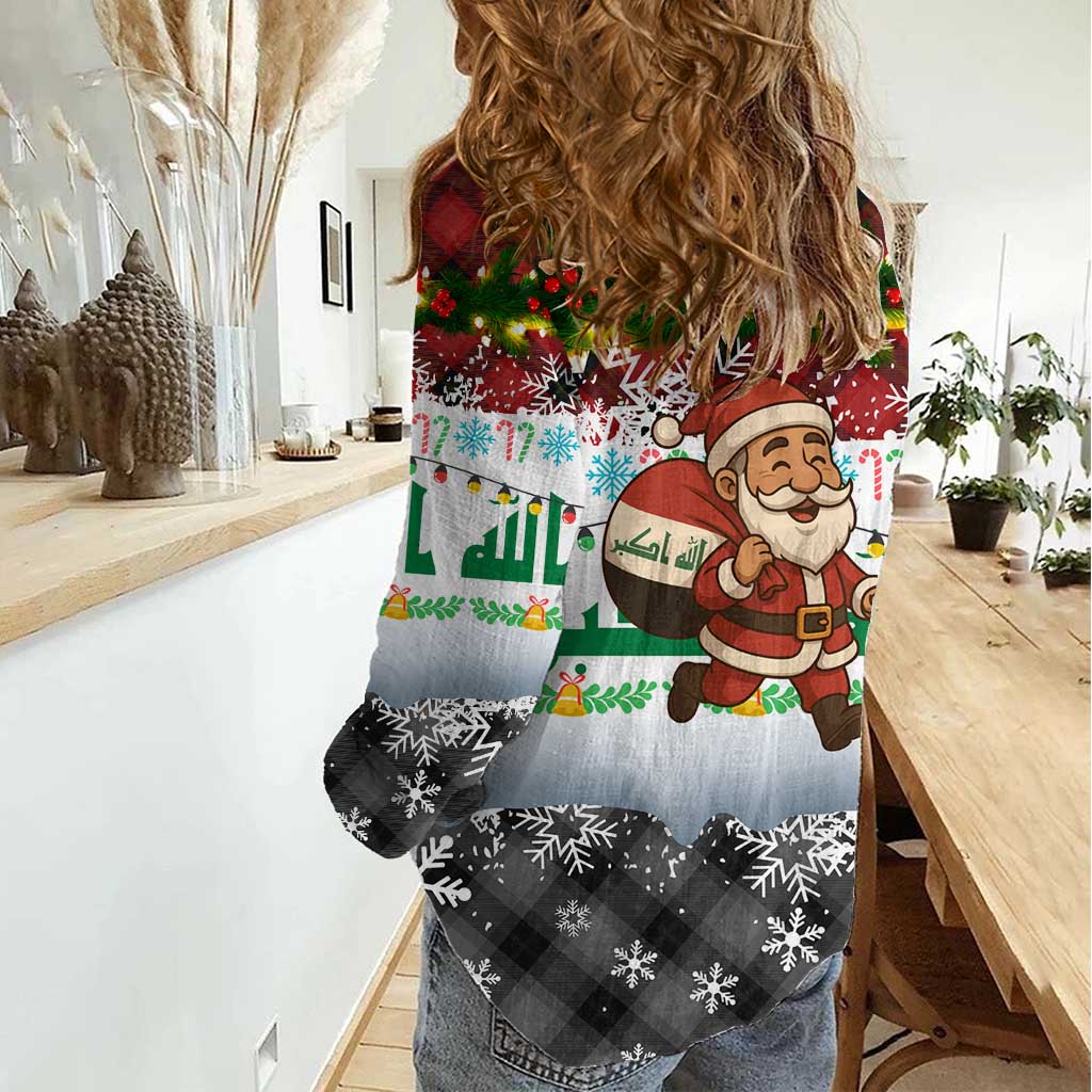 Iraq Christmas Women Casual Shirt with Santa Carrying Gift Bag Flag Garland and Snowflake Plaid Pattern - Wonder Print Shop
