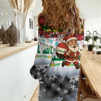 Iraq Christmas Women Casual Shirt with Santa Carrying Gift Bag Flag Garland and Snowflake Plaid Pattern - Wonder Print Shop