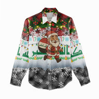 Iraq Christmas Women Casual Shirt with Santa Carrying Gift Bag Flag Garland and Snowflake Plaid Pattern - Wonder Print Shop