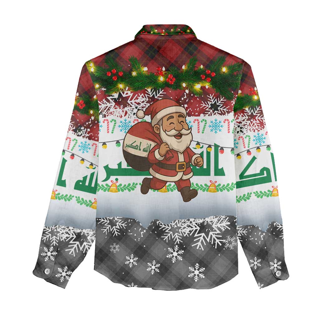 Iraq Christmas Women Casual Shirt with Santa Carrying Gift Bag Flag Garland and Snowflake Plaid Pattern - Wonder Print Shop