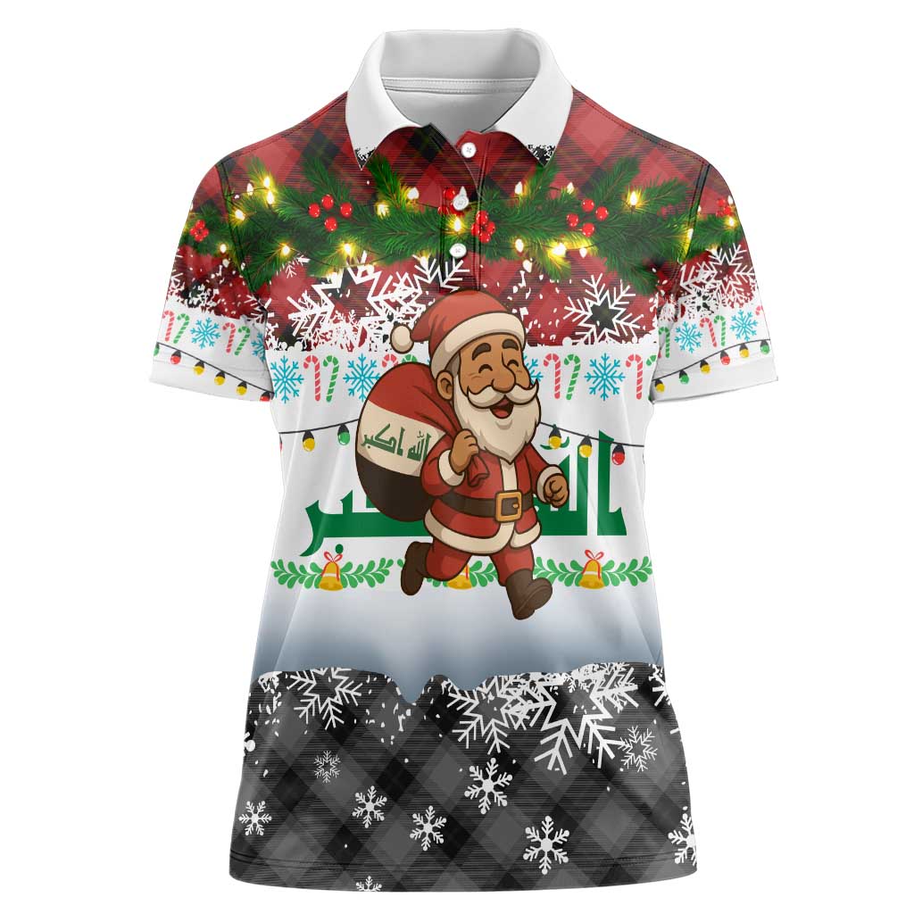 Iraq Christmas Women Polo Shirt with Santa Carrying Gift Bag Flag Garland and Snowflake Plaid Pattern - Wonder Print Shop