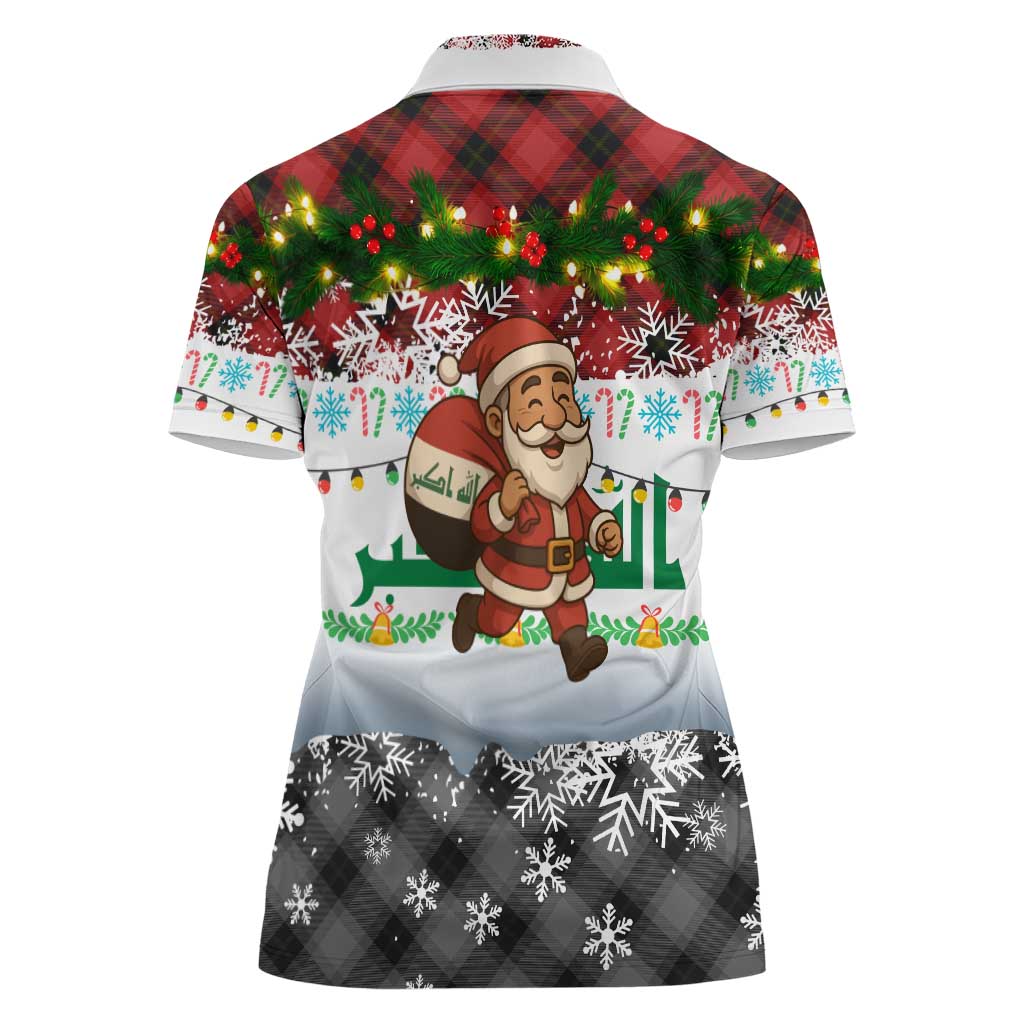 Iraq Christmas Women Polo Shirt with Santa Carrying Gift Bag Flag Garland and Snowflake Plaid Pattern - Wonder Print Shop