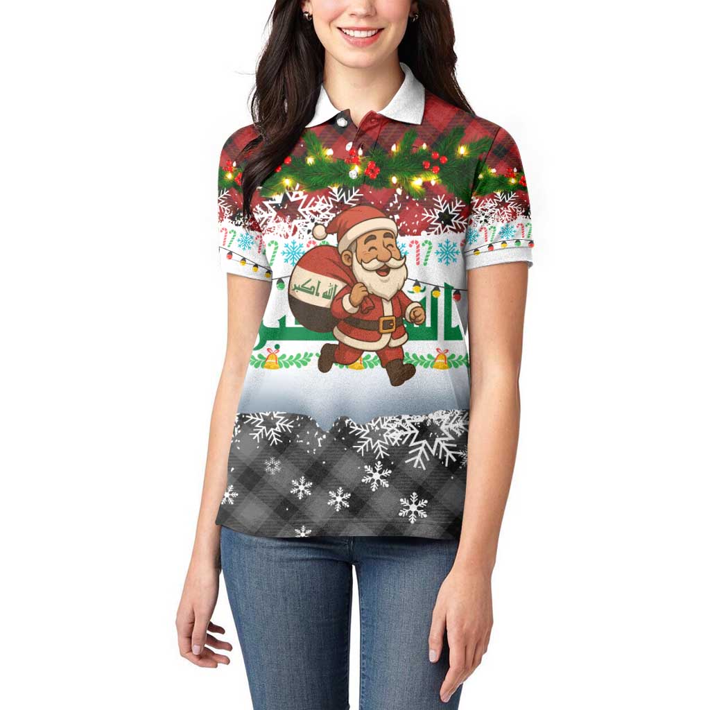 Iraq Christmas Women Polo Shirt with Santa Carrying Gift Bag Flag Garland and Snowflake Plaid Pattern - Wonder Print Shop