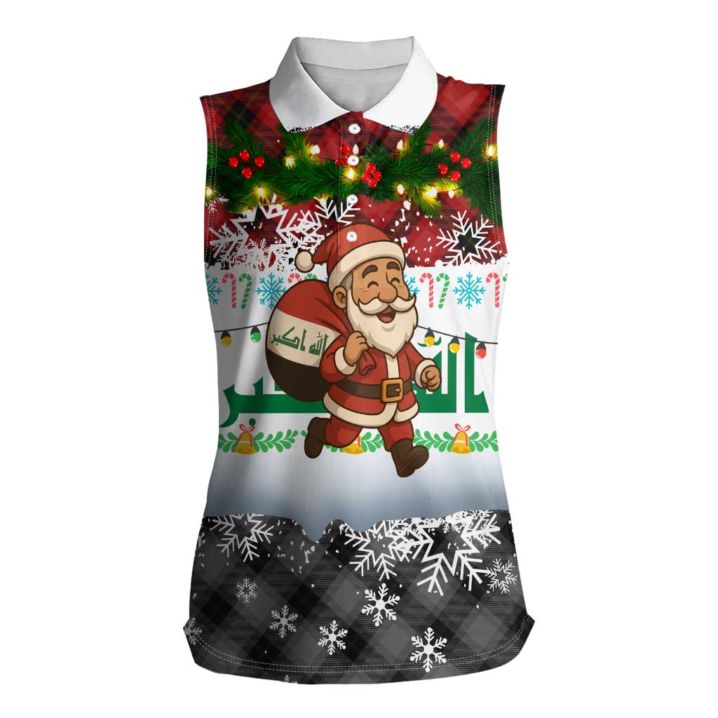 Iraq Christmas Women Sleeveless Polo Shirt with Santa Carrying Gift Bag Flag Garland and Snowflake Plaid Pattern - Wonder Print Shop
