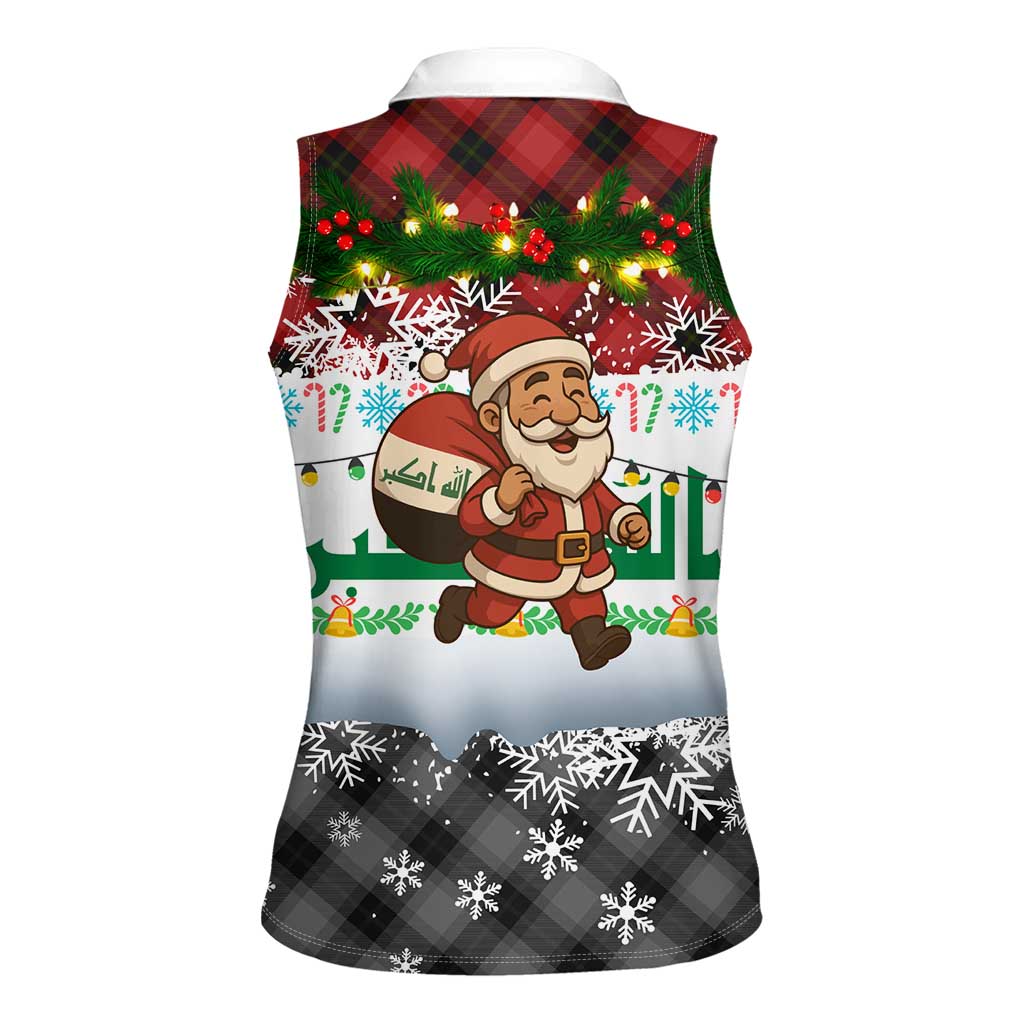 Iraq Christmas Women Sleeveless Polo Shirt with Santa Carrying Gift Bag Flag Garland and Snowflake Plaid Pattern - Wonder Print Shop