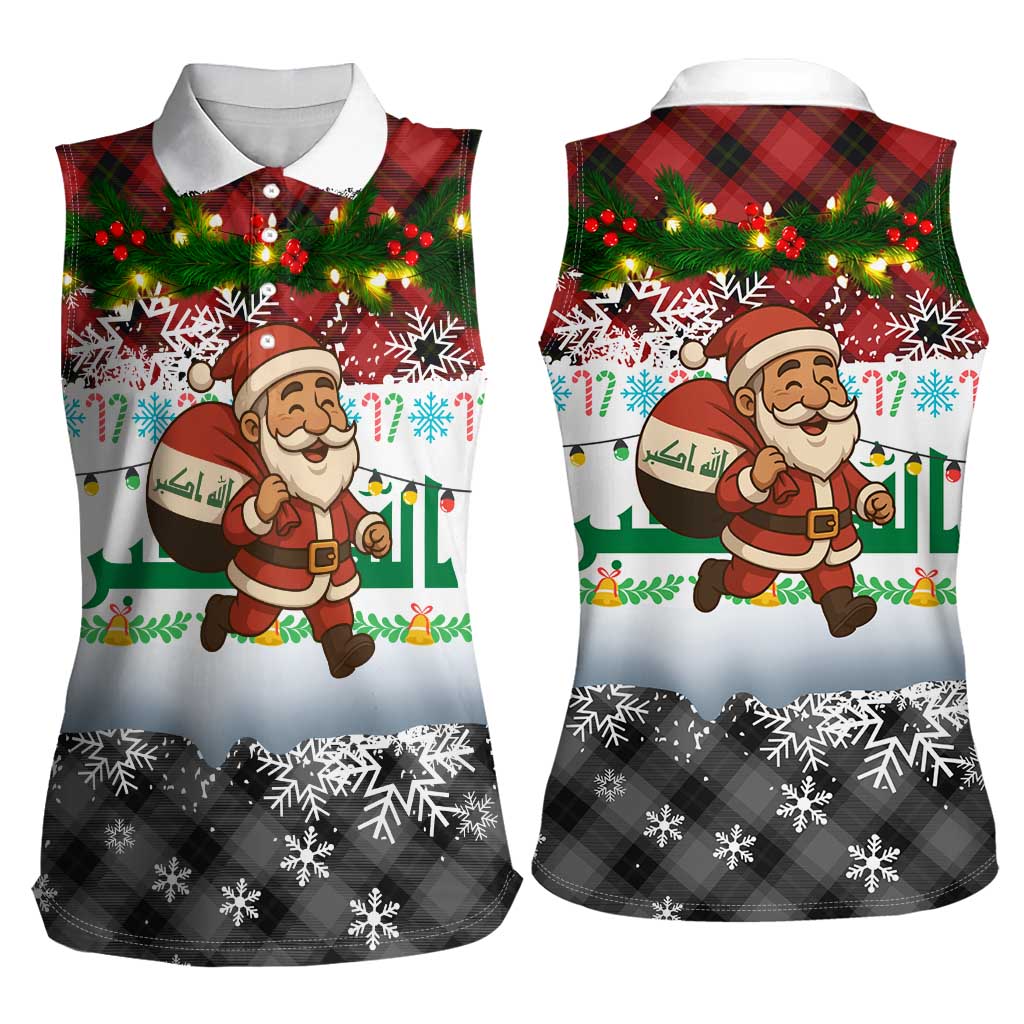 Iraq Christmas Women Sleeveless Polo Shirt with Santa Carrying Gift Bag Flag Garland and Snowflake Plaid Pattern - Wonder Print Shop