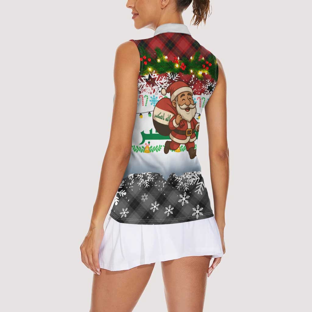 Iraq Christmas Women Sleeveless Polo Shirt with Santa Carrying Gift Bag Flag Garland and Snowflake Plaid Pattern - Wonder Print Shop
