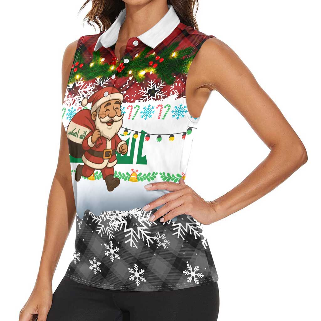Iraq Christmas Women Sleeveless Polo Shirt with Santa Carrying Gift Bag Flag Garland and Snowflake Plaid Pattern - Wonder Print Shop