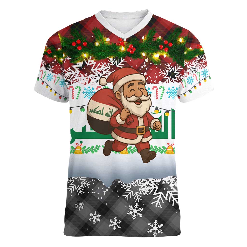 Iraq Christmas Women V-Neck T-Shirt with Santa Carrying Gift Bag Flag Garland and Snowflake Plaid Pattern - Wonder Print Shop