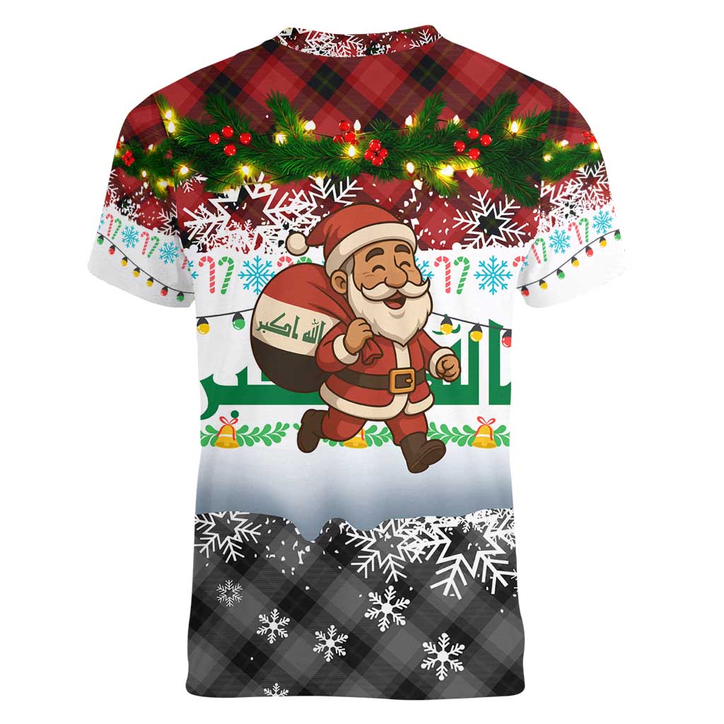 Iraq Christmas Women V-Neck T-Shirt with Santa Carrying Gift Bag Flag Garland and Snowflake Plaid Pattern - Wonder Print Shop